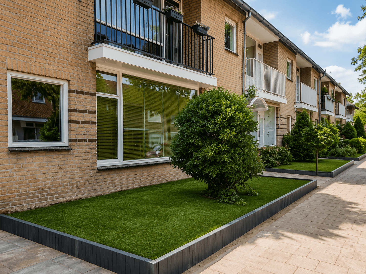 Voortuin na de opknapbeurt, met gesnoeide beplanting, kunstgrasstrook en nette bestratingsranden.