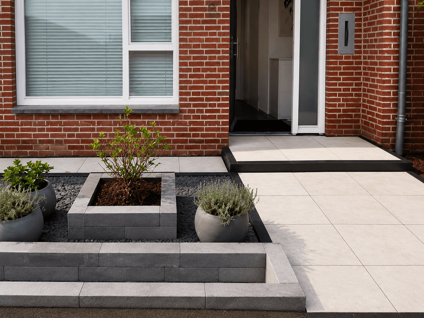 Vernieuwde voortuin met witte bestrating, gemetselde plantenbakken met beplanting en nieuwe traptreden naar de voordeur.