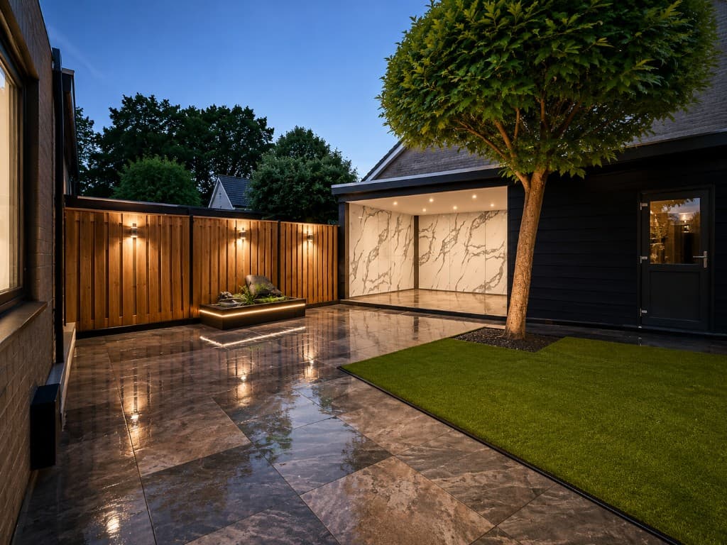 Afgewerkte tuin en buitenruimte bij een woning in Nederland, met stenen bestrating en geïntegreerde verlichting bij schemer.