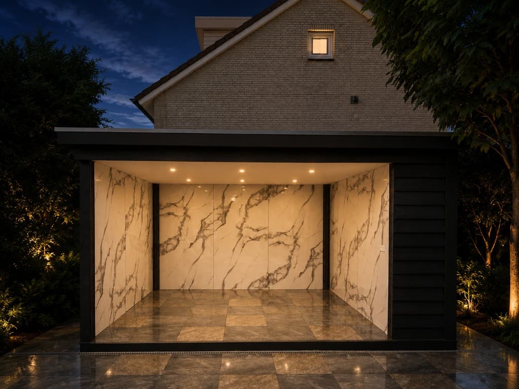 Finished outdoor living space with stone paving, marble-lined walls and recessed ceiling lighting.