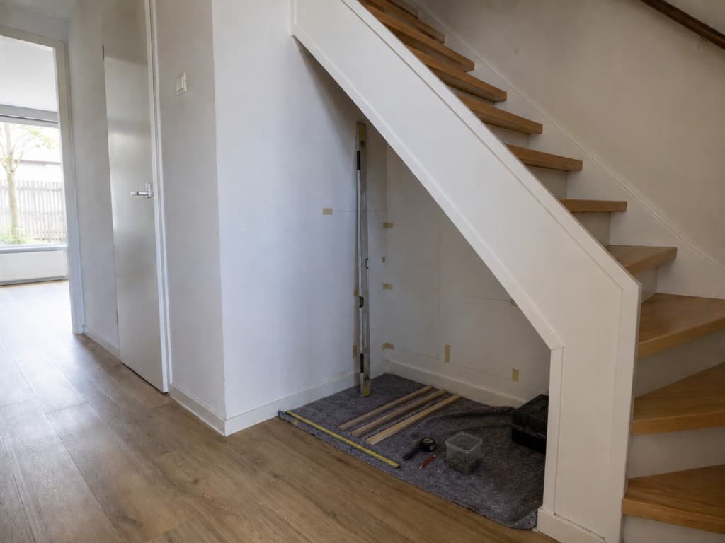 Ongebruikte ruimte onder de trap vóór de verbouwing, met losse schoenen en spullen op de vloer.