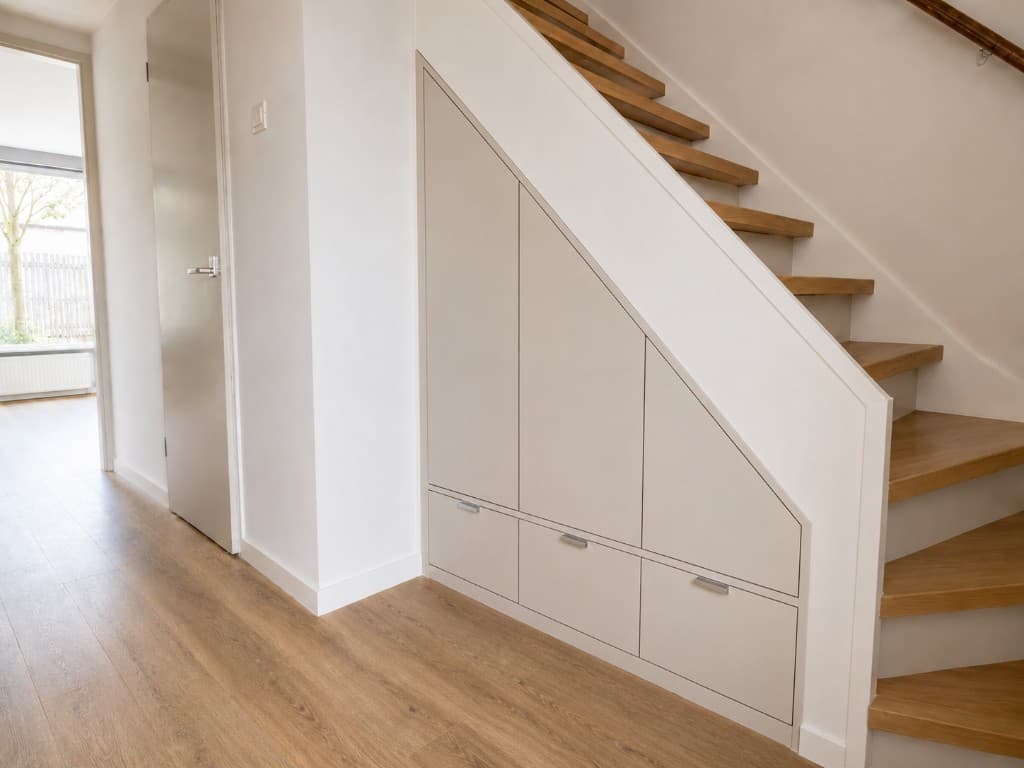 Afgewerkte maatwerk trapkast onder een houten trap in een Nederlandse woning, met kastdeuren en laden in een lichte afwerking.