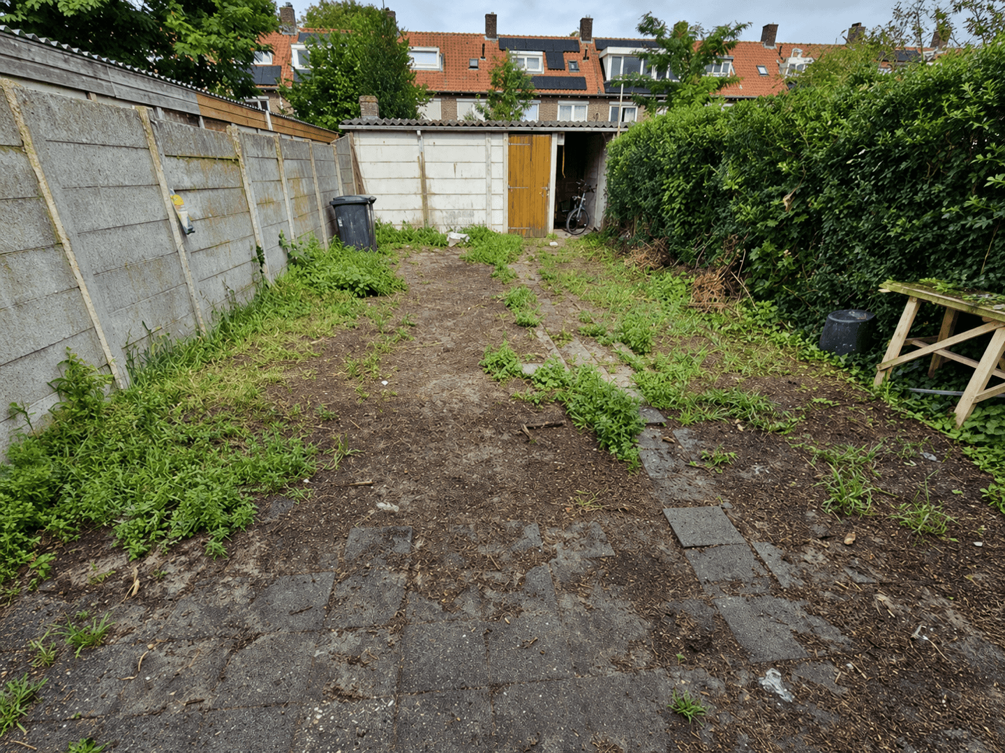 Verouderde tuin vóór de renovatie, met kapotte natuurstenen bestrating, mos en onkruid.