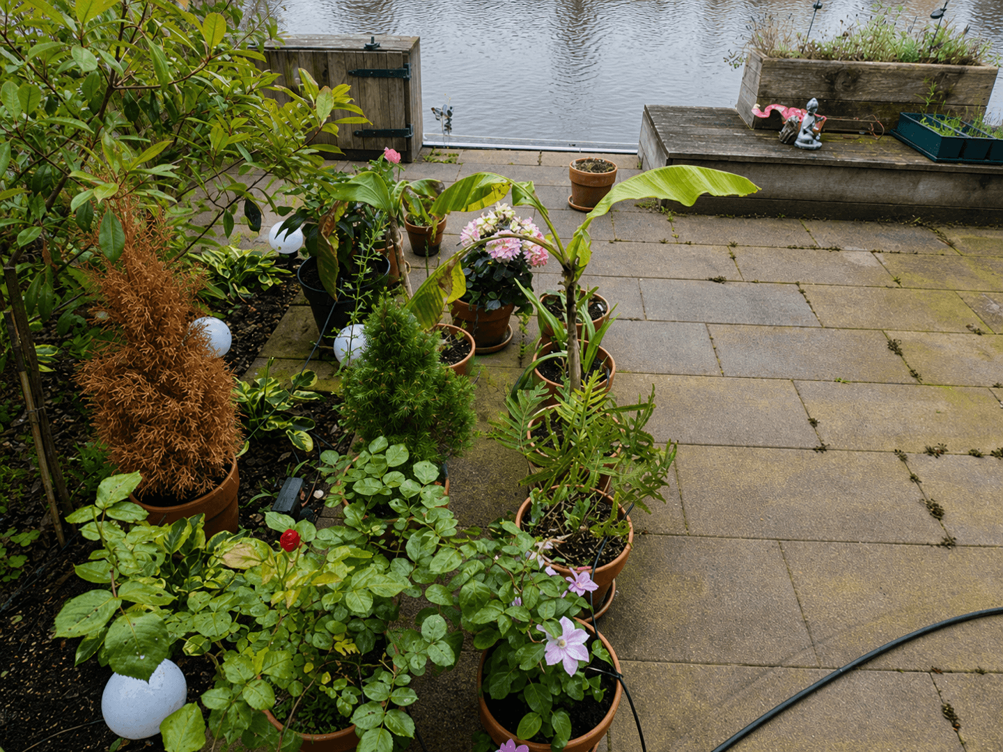 Terras aan het water vóór de renovatie, met verweerde tegels en losse plantenpotten.